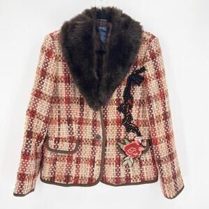 Fundamental Things jacket Tweed faux fur Collared embroidered flower size 12